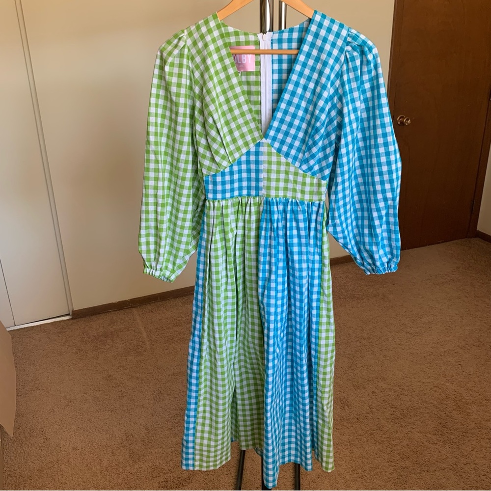 Molby The Label Gingham Plaid Puff Sleeve V-Neck Midi Dress 8